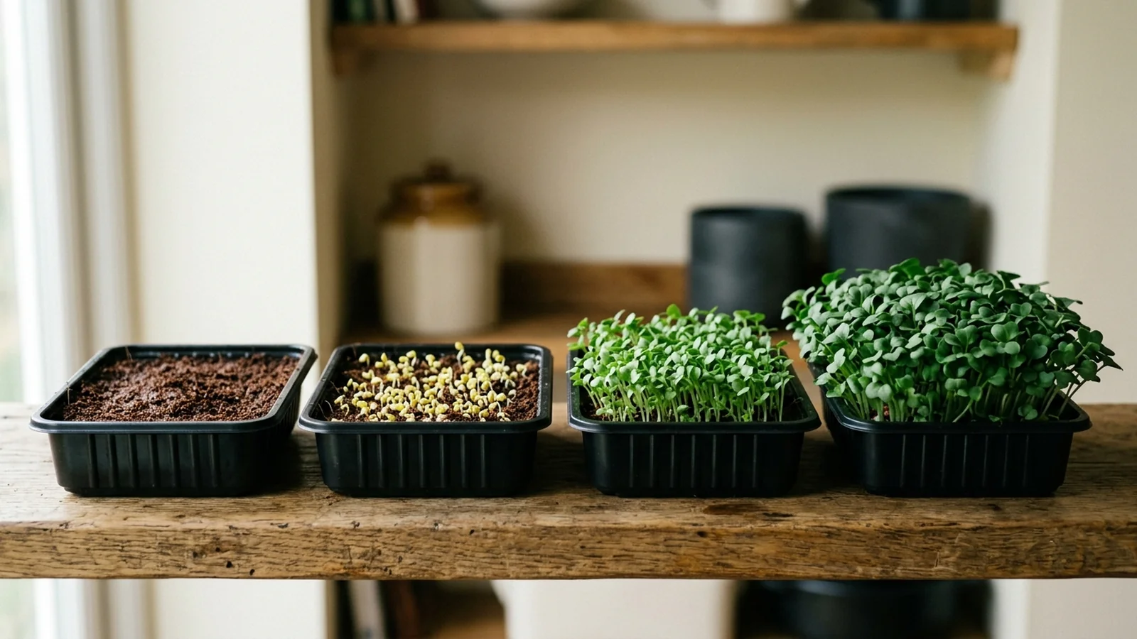 A wall calendar with sow, blackout and harvest dates marked out for a tray of microgreens
