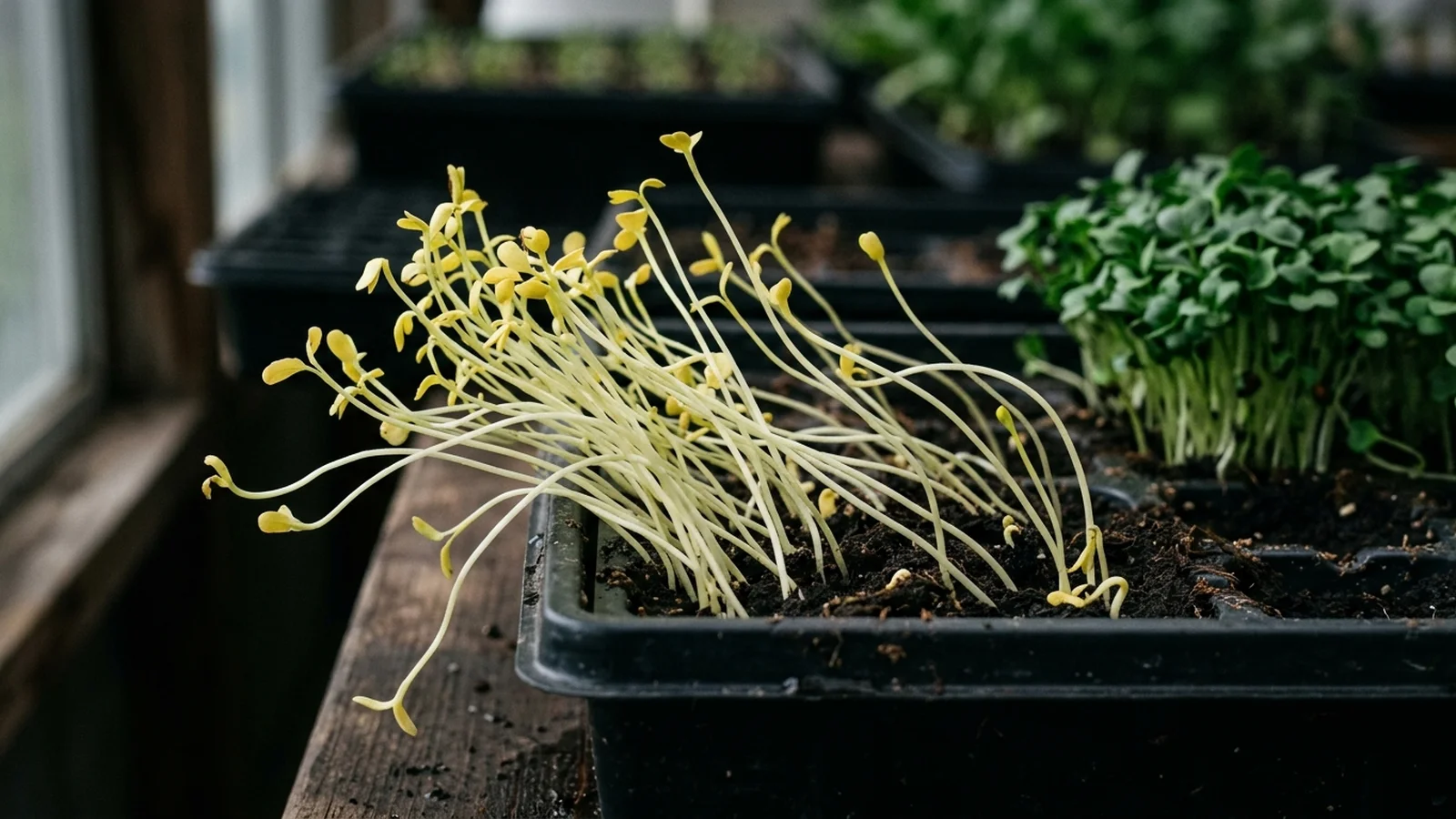 Side-by-side microgreens trays showing pale yellow seedlings just out of blackout next to green seedlings after a day under light