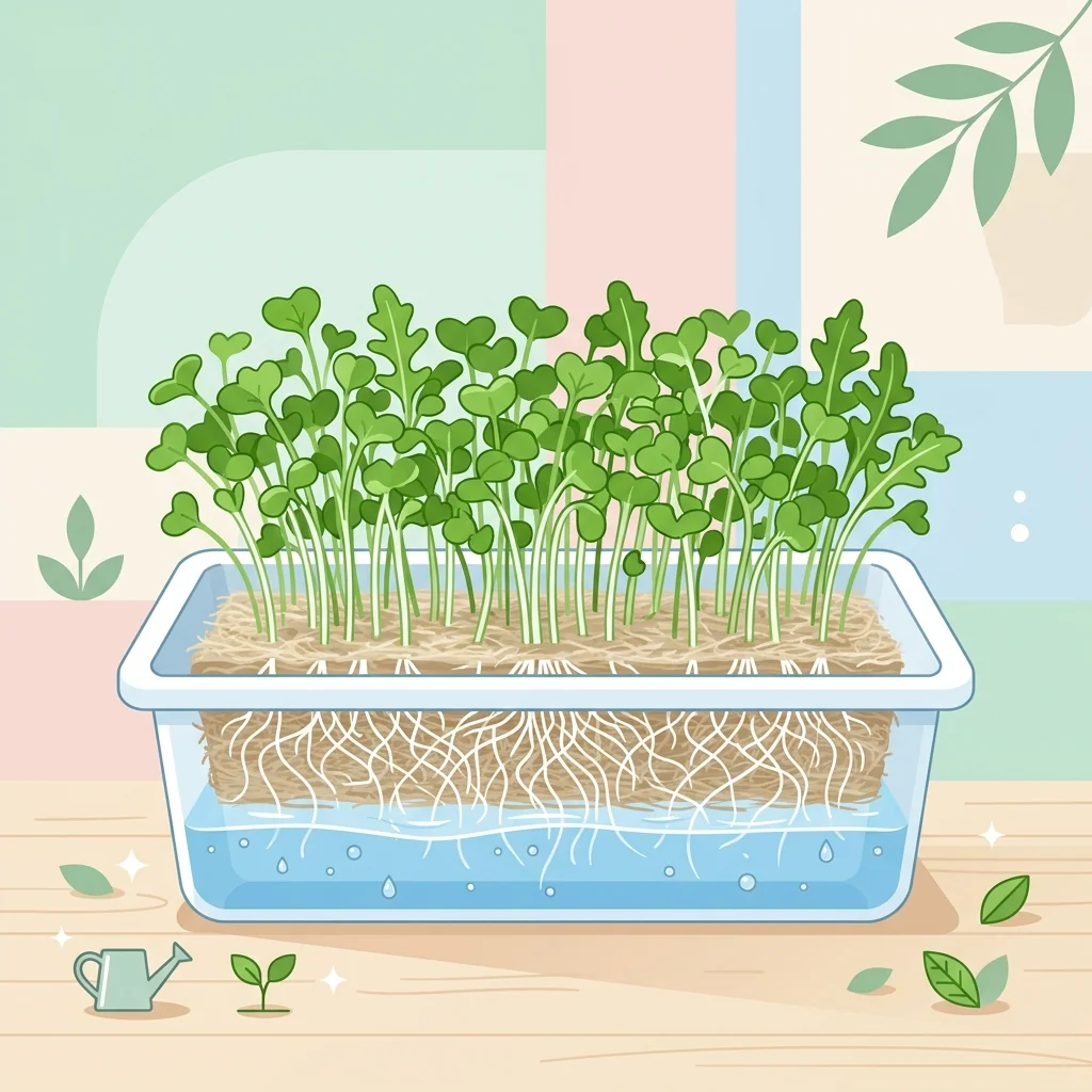 Microgreens growing on a felt grow mat in a shallow tray with no soil, roots visible through the pad