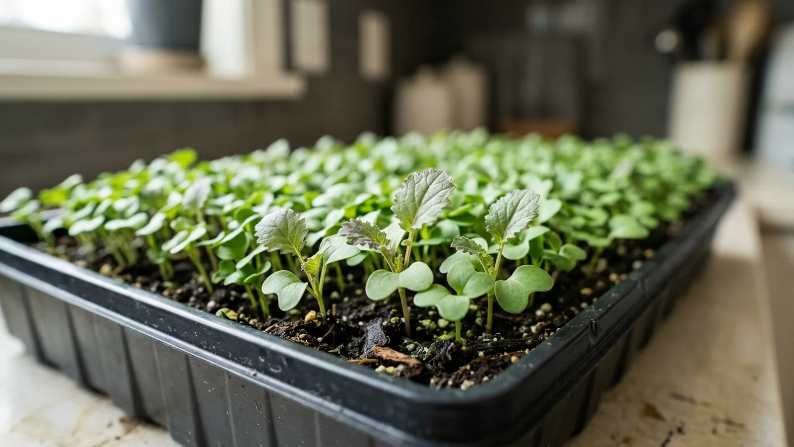 Tray of mustard microgreens with dark green ruffled leaves ready for harvest