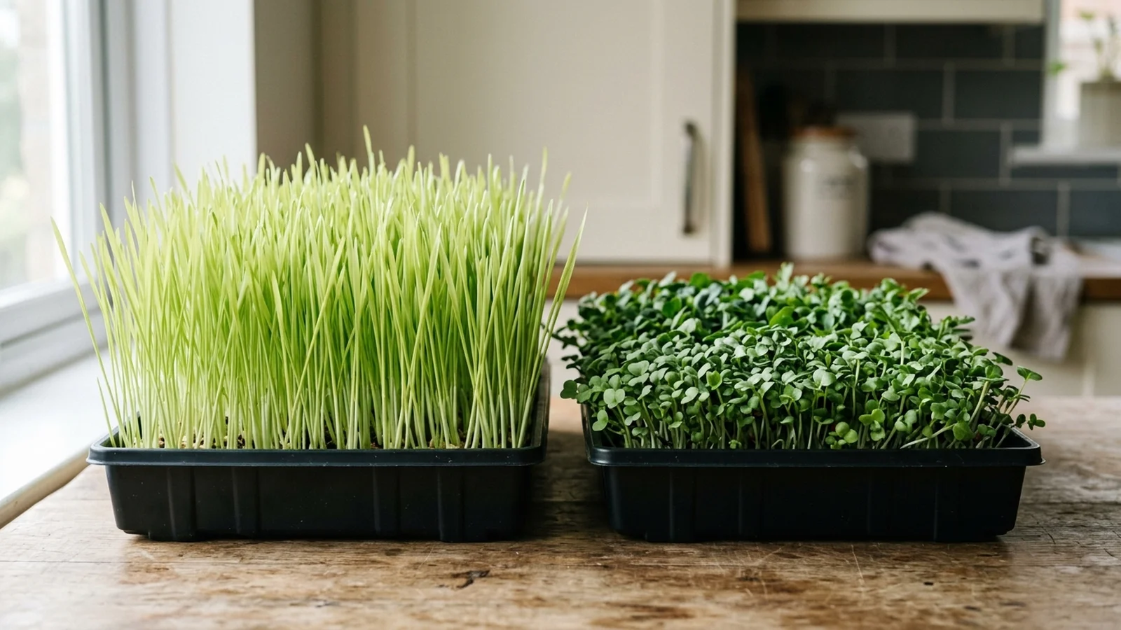 Side-by-side comparison of a short cotyledon-stage microgreens tray next to a taller wheatgrass tray grown for juicing