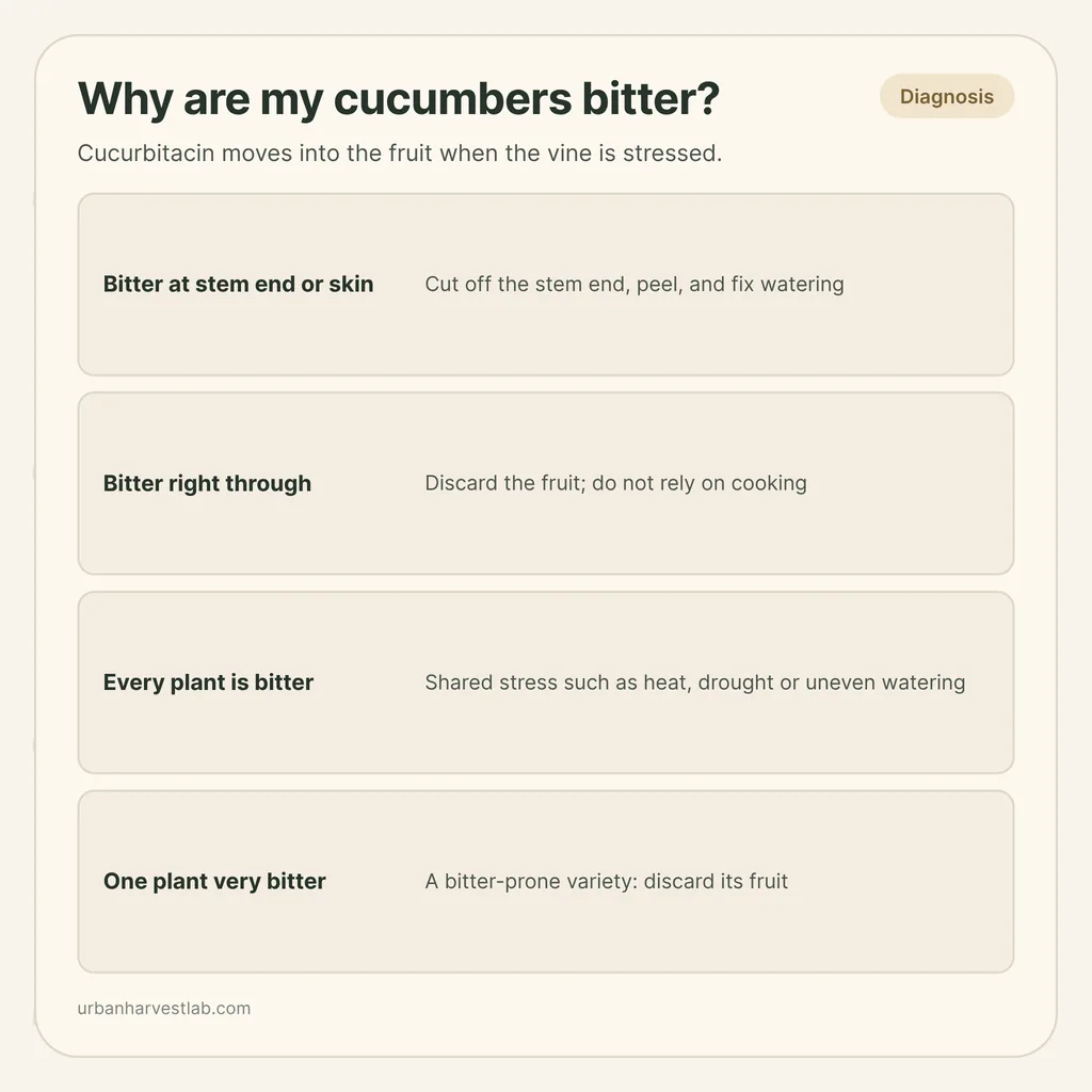 Infographic card: "Why are my cucumbers bitter?" with rows for bitter at the stem end, bitter right through, every plant bitter, one plant bitter