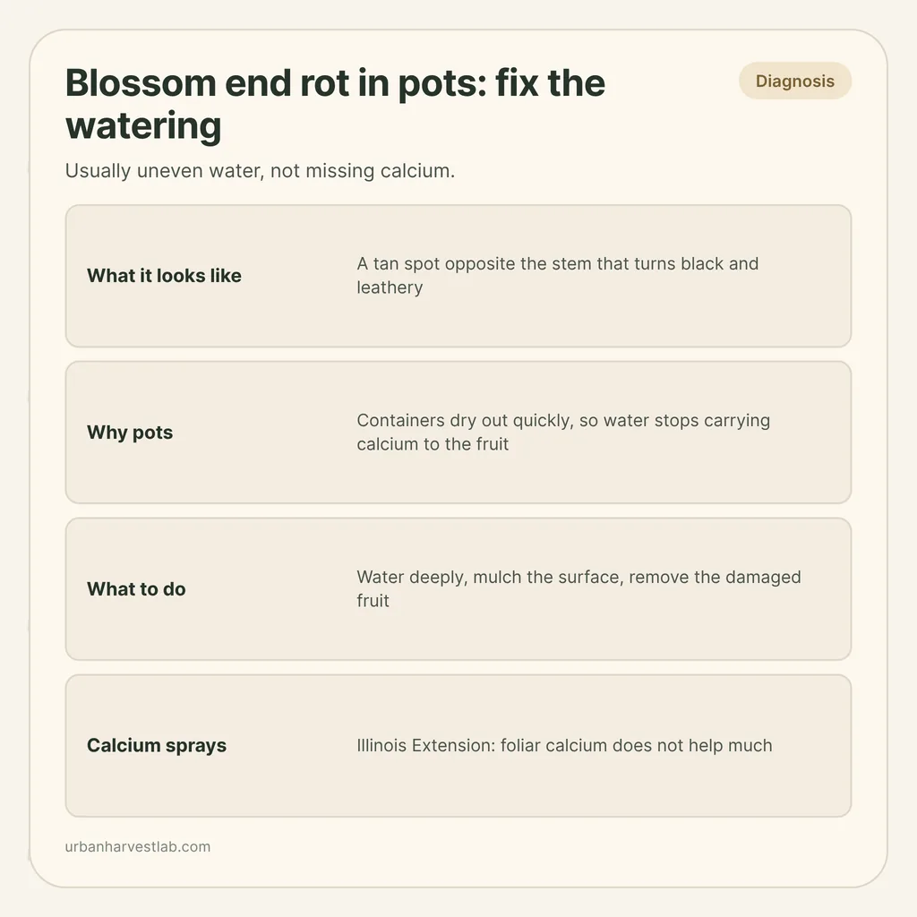 Infographic card: "Blossom end rot in pots: fix the watering" with rows for what it looks like, why pots, what to do, calcium sprays