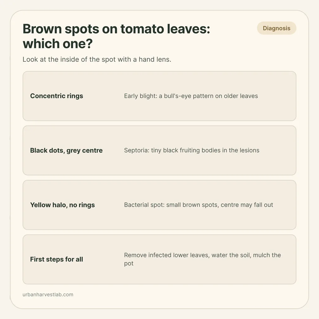 Infographic card: "Brown spots on tomato leaves: which one?" with rows for early blight, septoria, bacterial spot, first steps