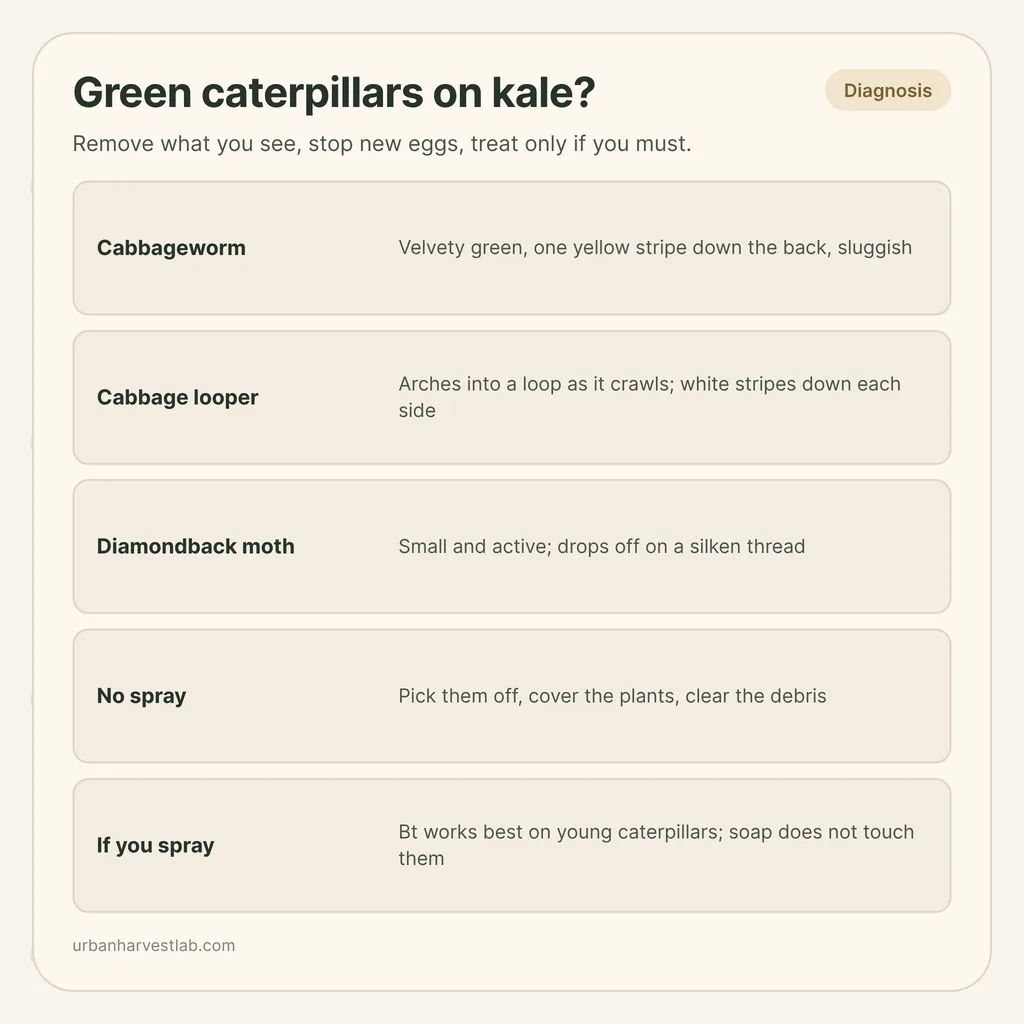 Infographic card: "Green caterpillars on kale?" with rows for cabbageworm, cabbage looper, diamondback moth and control options