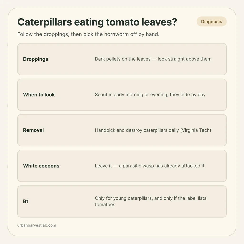Infographic card: "Caterpillars eating tomato leaves?" with rows for droppings, when to look, removal, white cocoons and Bt