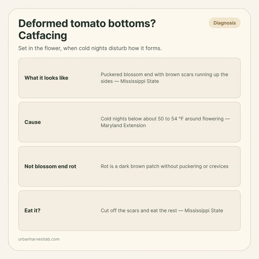 Infographic card: "Deformed tomato bottoms? Catfacing" with rows for appearance, cause, blossom end rot and whether to eat it