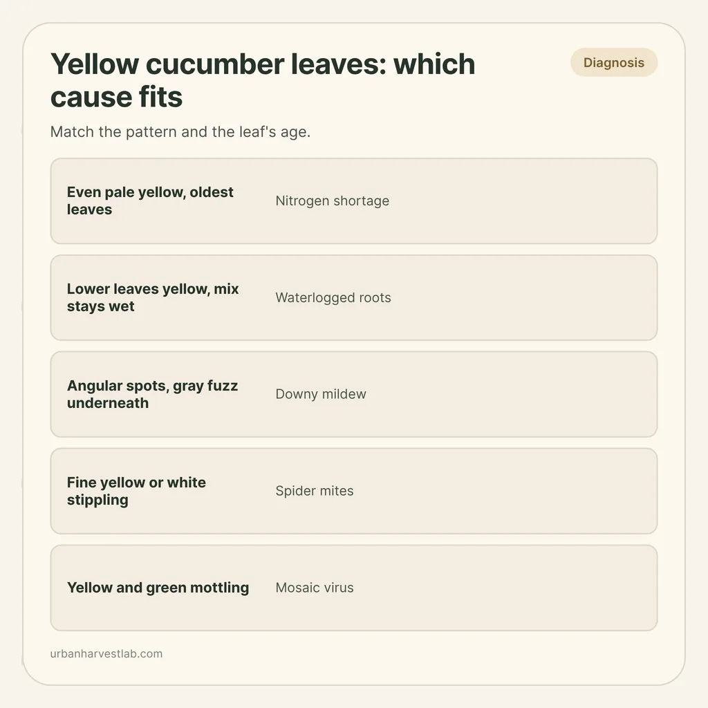 Infographic card: "Yellow cucumber leaves: which cause fits" with rows for nitrogen, waterlogged roots, downy mildew, spider mites and mosaic virus