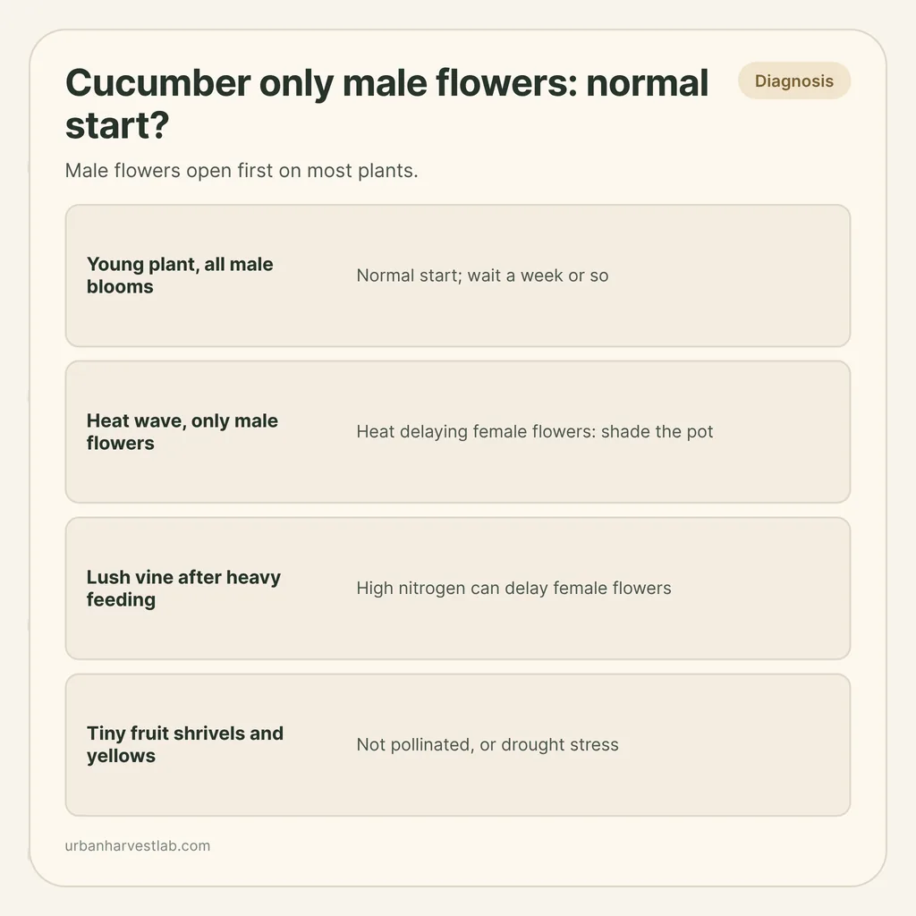 Infographic card: "Cucumber only male flowers: normal start?" with rows for young plant, heat wave, heavy feeding, shriveling fruit