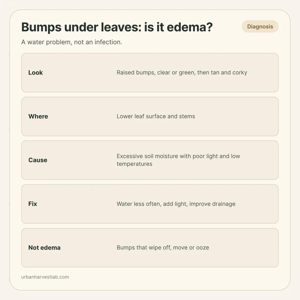 Infographic card: "Bumps under leaves: is it edema?" with rows for look, location, cause, fix and what is not edema