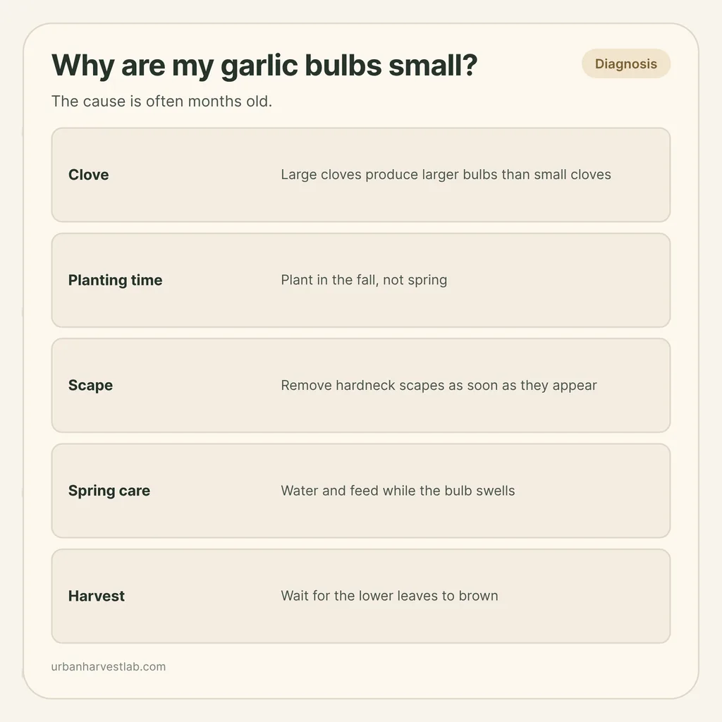 Infographic card: "Why are my garlic bulbs small?" with rows for clove, planting time, scape, spring care and harvest