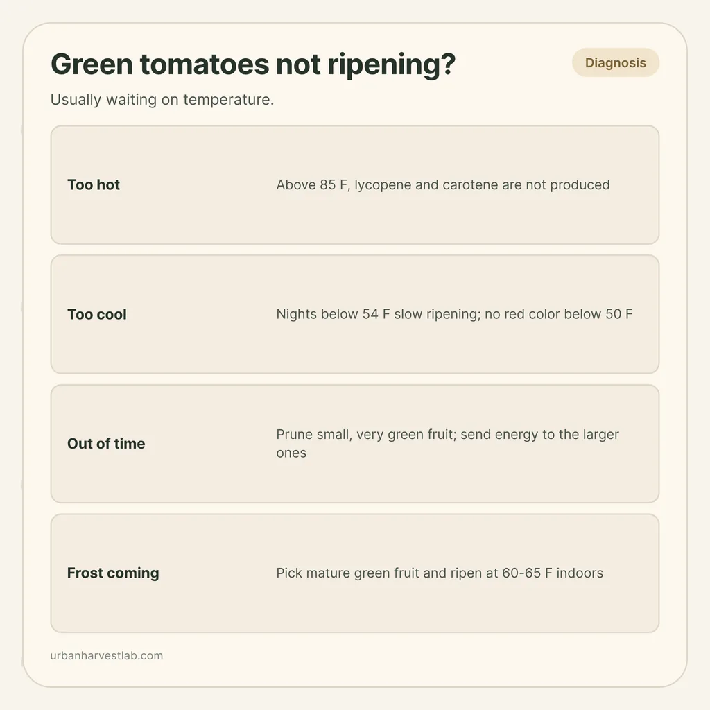 Infographic card: "Green tomatoes not ripening?" with rows for too hot, too cool, out of time, frost coming