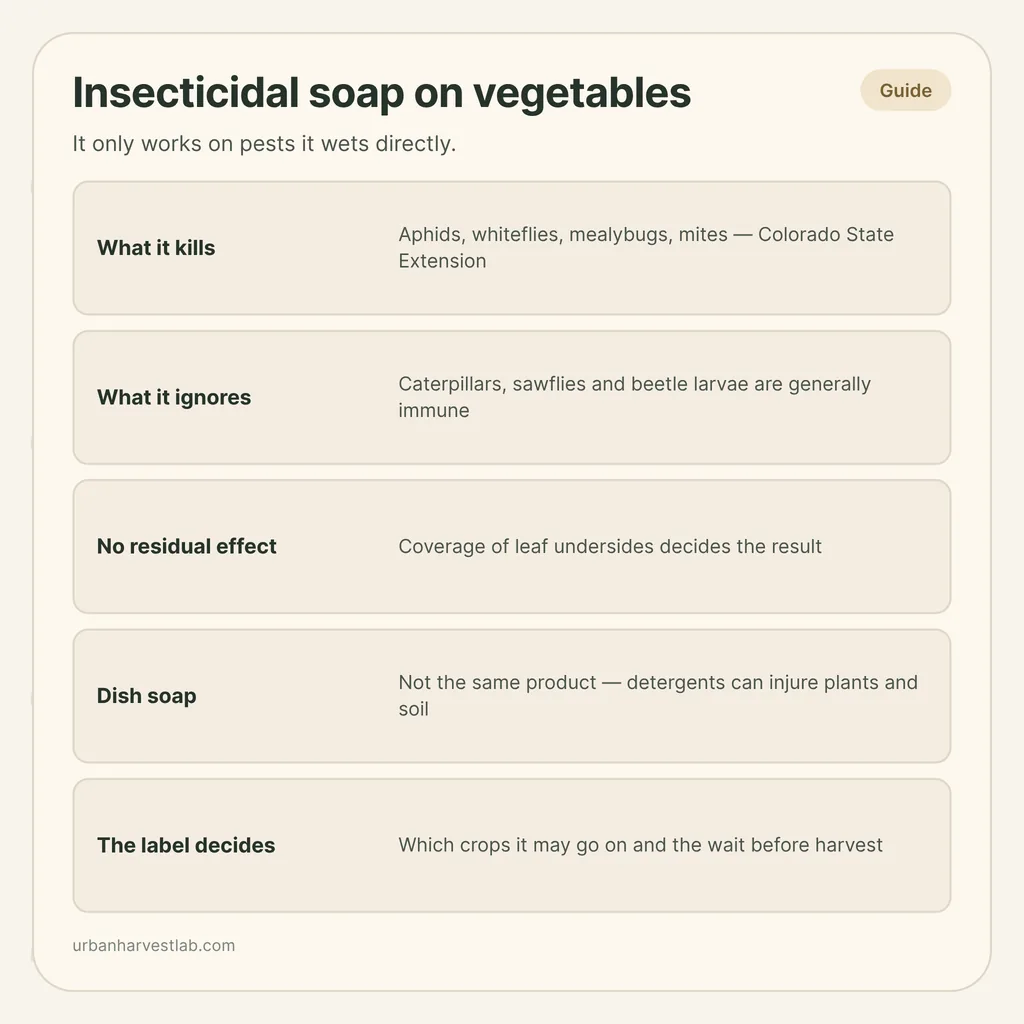 Infographic card: "Insecticidal soap on vegetables" with rows for what it kills, what it ignores, dish soap and the label