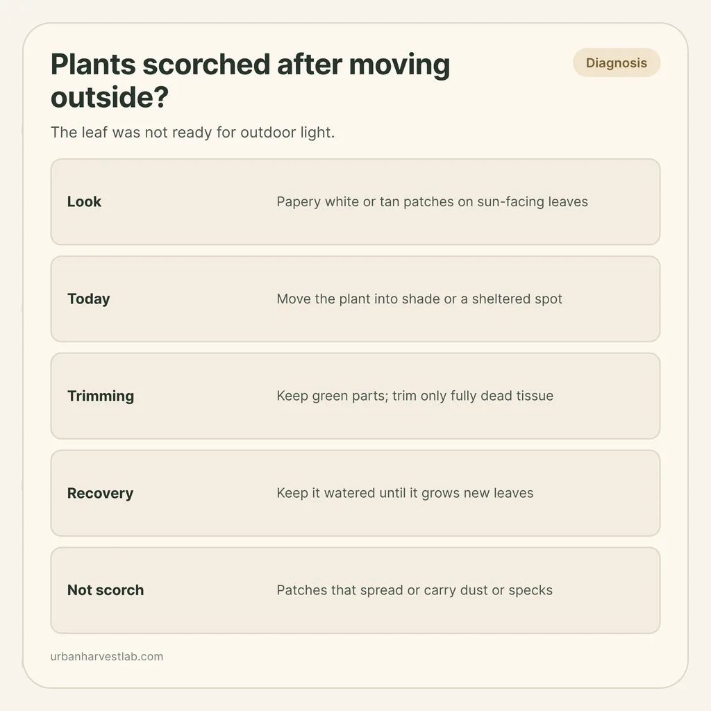 Infographic card: "Plants scorched after moving outside?" with rows for look, move to shade, trimming, recovery and what is not scorch