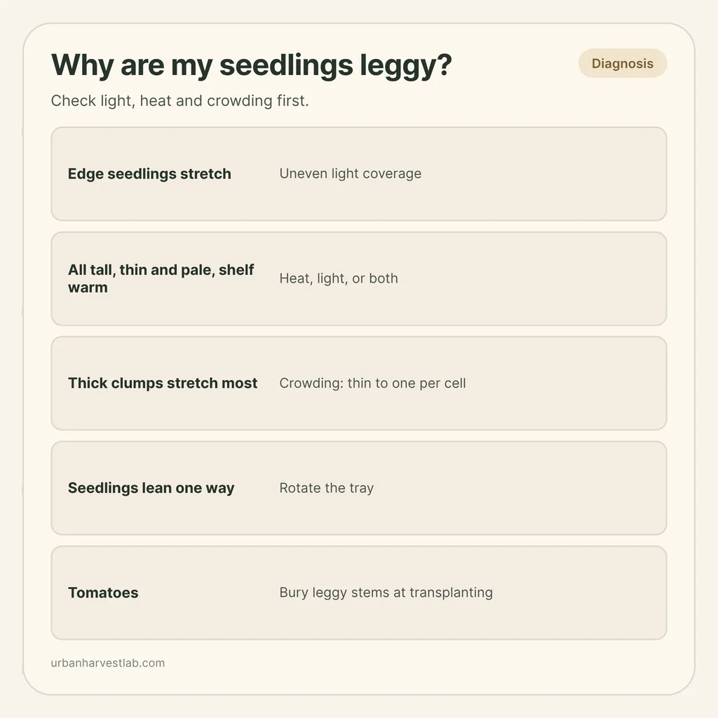Infographic card: "Why are my seedlings leggy?" with rows for edge stretch, heat and light, crowding, leaning and tomatoes