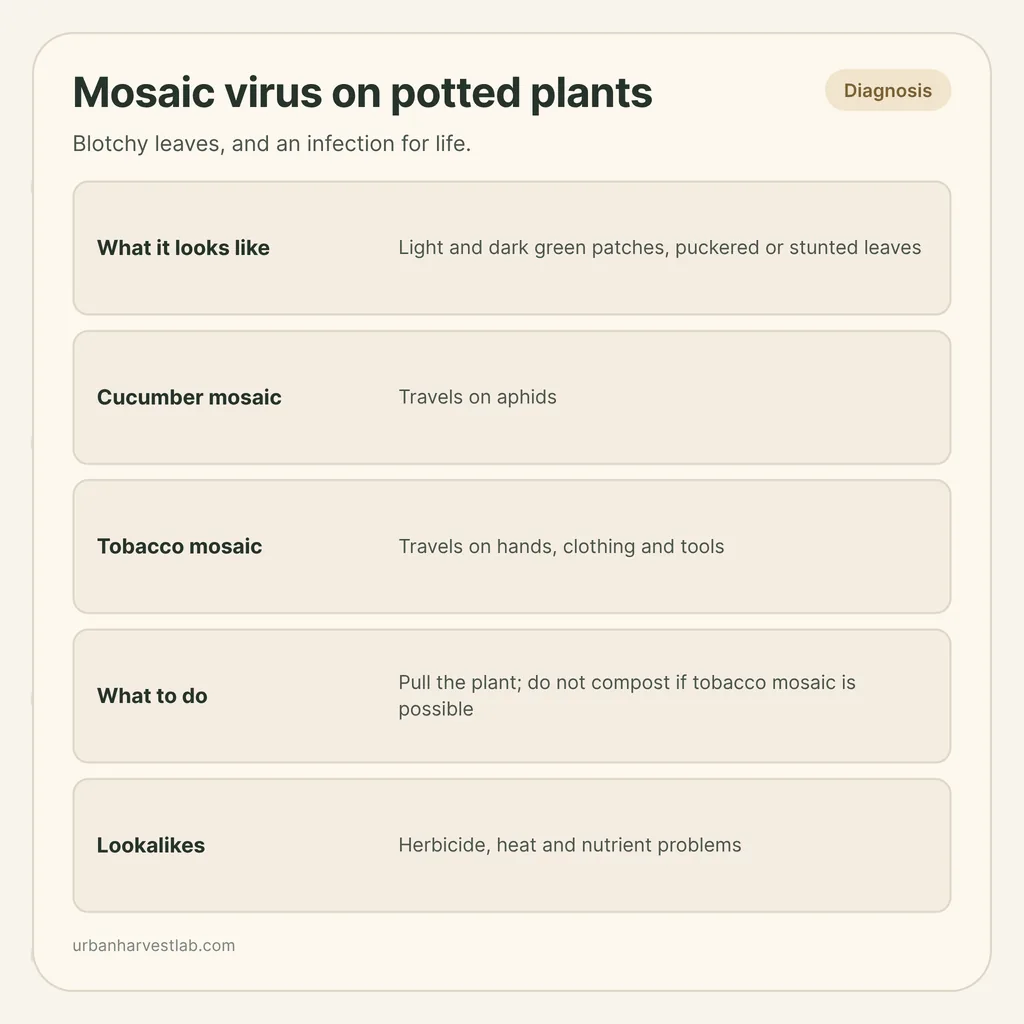 Infographic card: "Mosaic virus on potted plants" with rows for symptoms, cucumber and tobacco mosaic, what to do and lookalikes