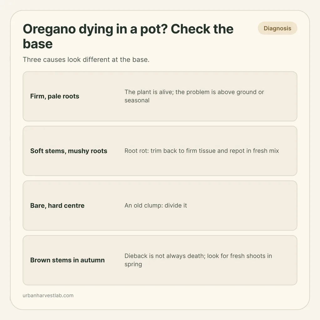 Infographic card: "Oregano dying in a pot? Check the base" with rows for firm roots, root rot, a bare centre and autumn dieback