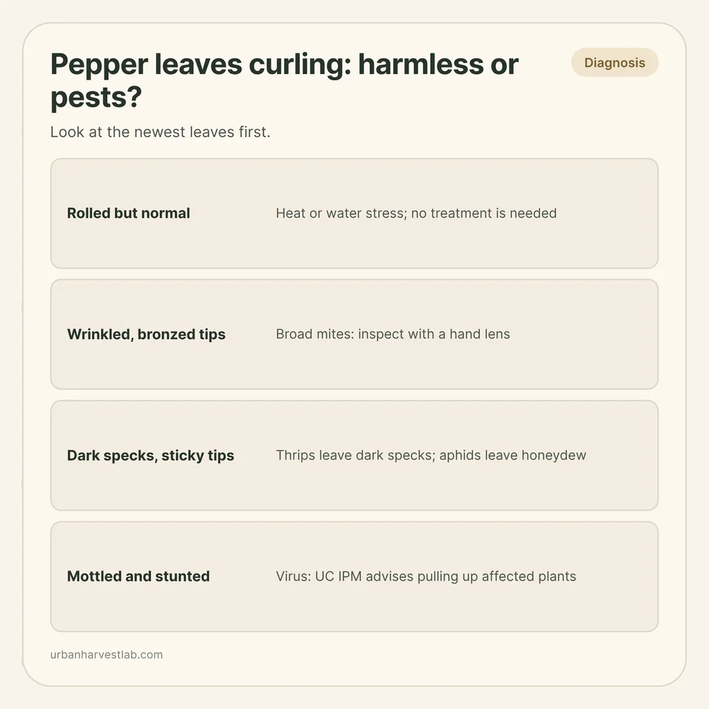 Infographic card: "Pepper leaves curling: harmless or pests?" with rows for rolled leaves, bronzed tips, thrips and aphids, virus
