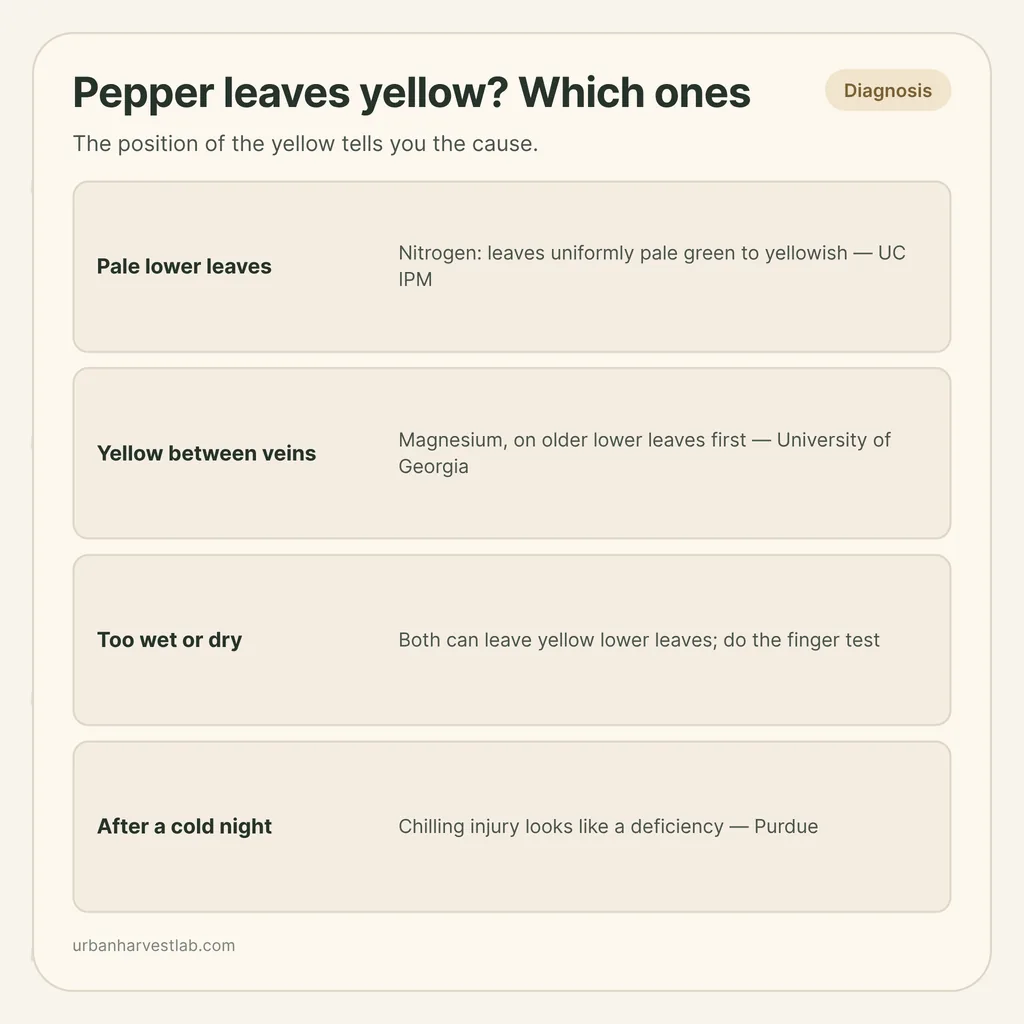 Infographic card: "Pepper leaves yellow? Which ones" with rows for pale lower leaves, yellow between veins, wet or dry and cold