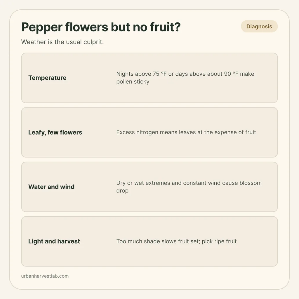 Infographic card: "Pepper flowers but no fruit?" with rows for temperature, nitrogen, water and wind, light and harvest