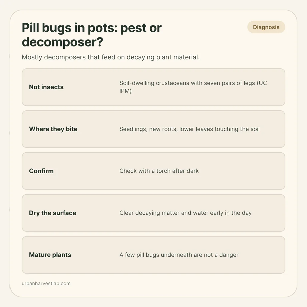 Infographic card: "Pill bugs in pots: pest or decomposer?" with rows for what they are, where they bite, night check and drying the surface