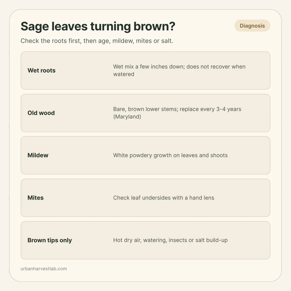 Infographic card: "Sage leaves turning brown?" with rows for wet roots, old wood, mildew, mites and brown tips
