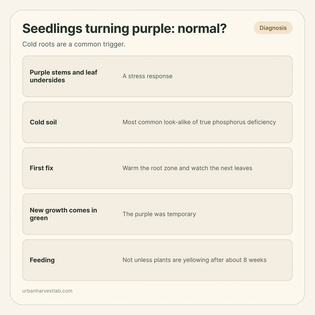 Infographic card: "Seedlings turning purple: normal?" with rows for purple stems, cold soil, first fix, new growth and feeding