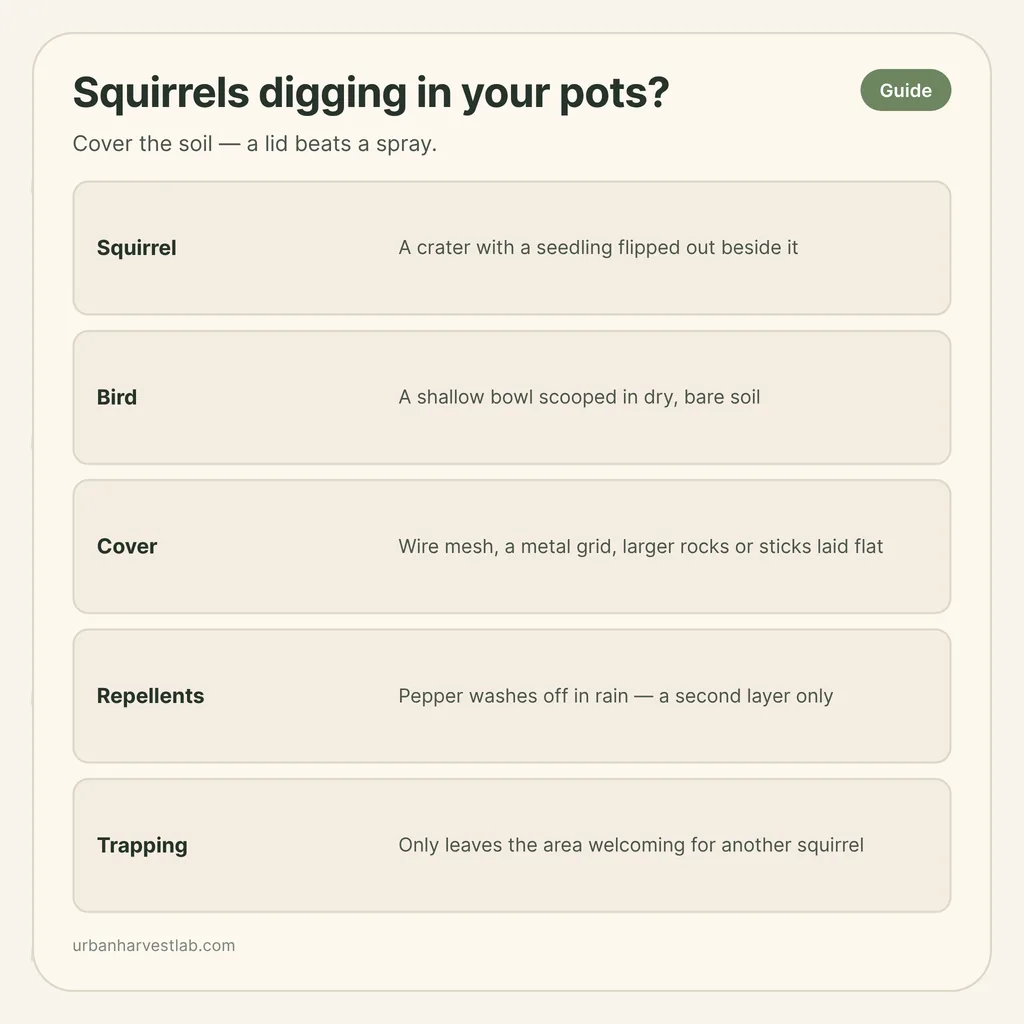 Infographic card: "Squirrels digging in your pots?" with rows for squirrel and bird signs, covers, repellents and trapping