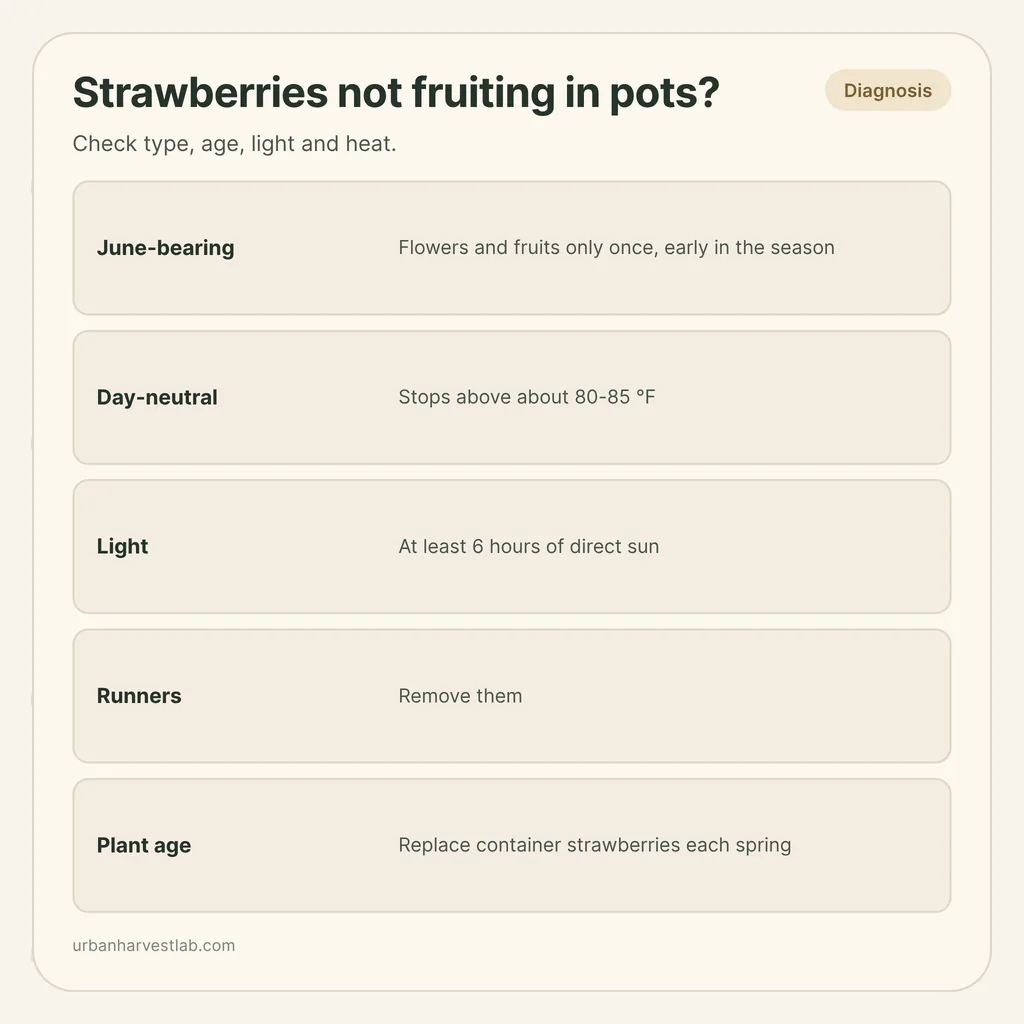 Infographic card: "Strawberries not fruiting in pots?" with rows for June-bearing, day-neutral, light, runners and plant age