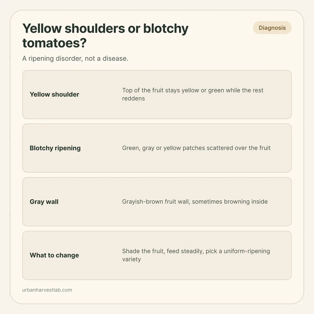 Infographic card: "Yellow shoulders or blotchy tomatoes?" with rows for yellow shoulder, blotchy ripening, gray wall and what to change