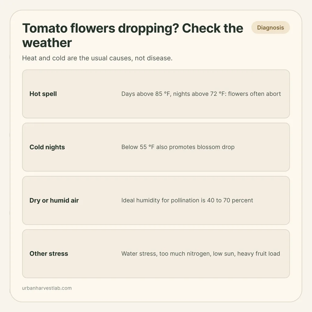Infographic card: "Tomato flowers dropping? Check the weather" with rows for hot spell, cold nights, dry or humid air, other stress