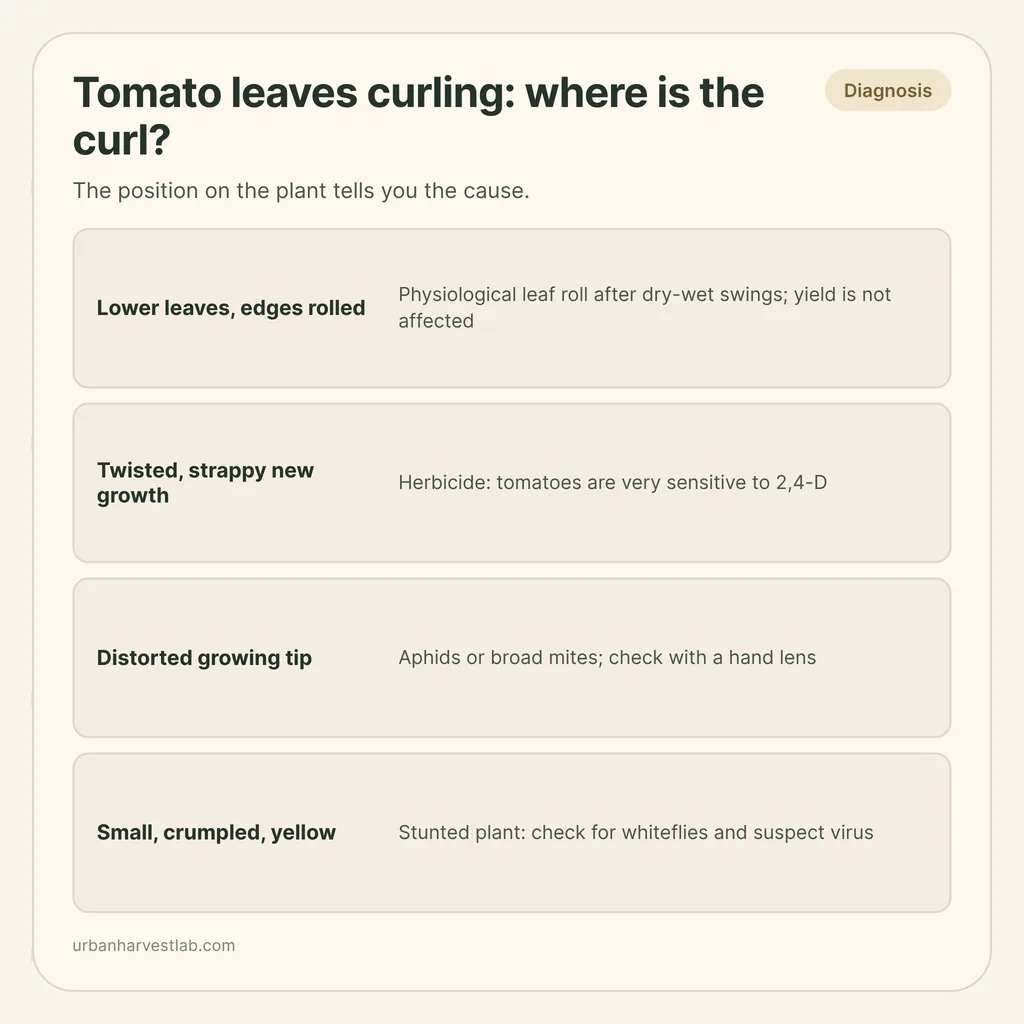 Infographic card: "Tomato leaves curling: where is the curl?" with rows for lower leaves, twisted new growth, distorted tips, crumpled yellow plants