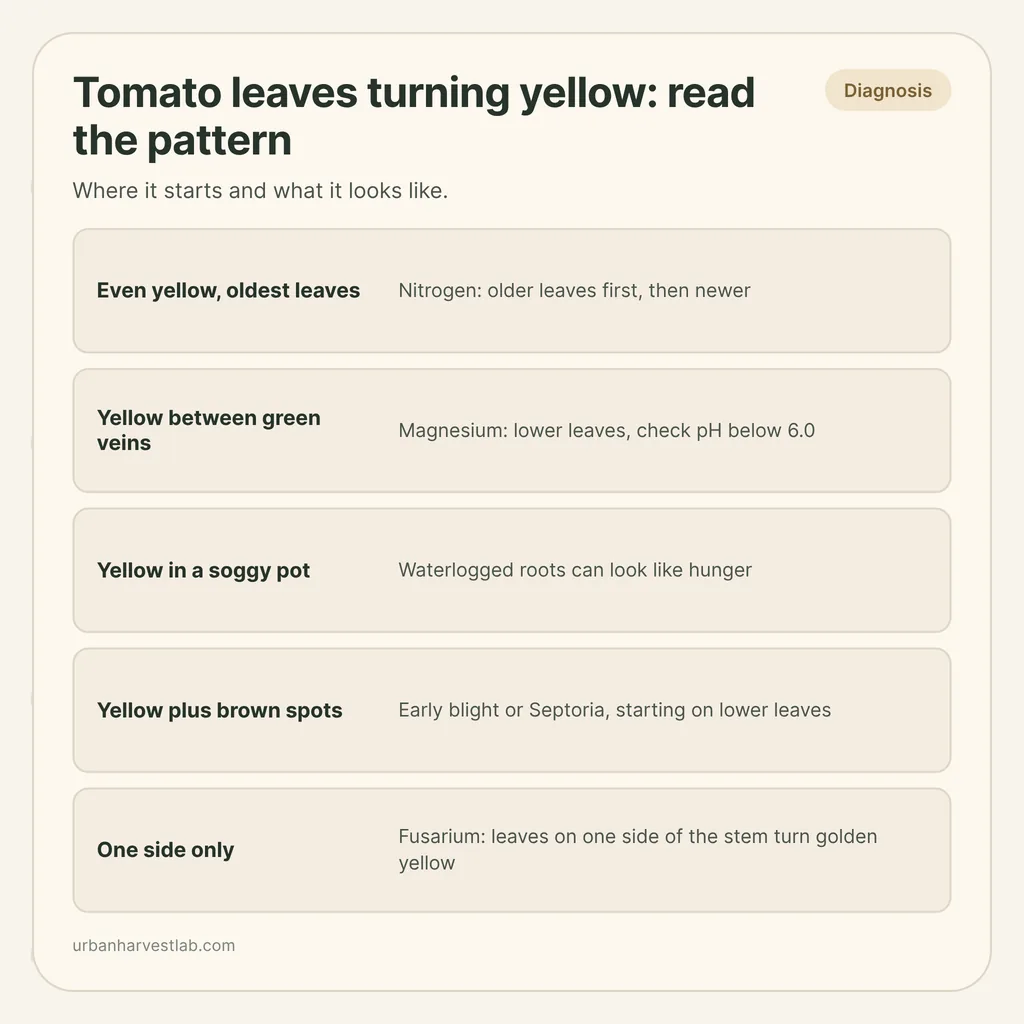 Infographic card: "Tomato leaves turning yellow: read the pattern" with rows for nitrogen, magnesium, soggy pots, spots and one-sided yellowing