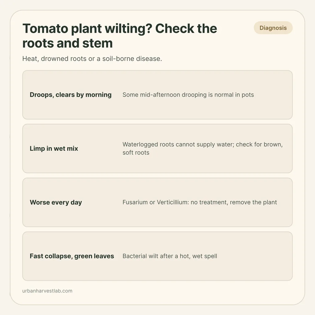 Infographic card: "Tomato plant wilting? Check the roots and stem" with rows for daily droop, wet mix, Fusarium or Verticillium, bacterial wilt