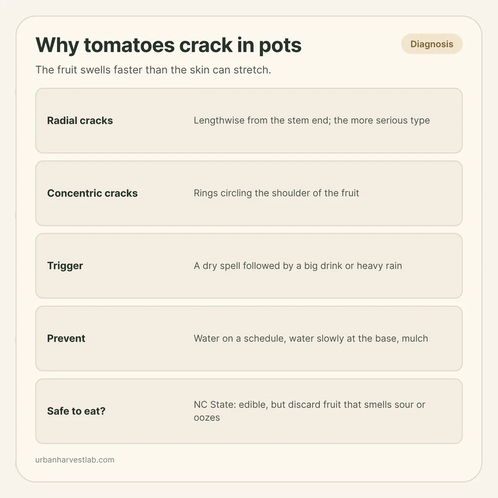 Infographic card: "Why tomatoes crack in pots" with rows for radial and concentric cracks, trigger, prevention, safe to eat