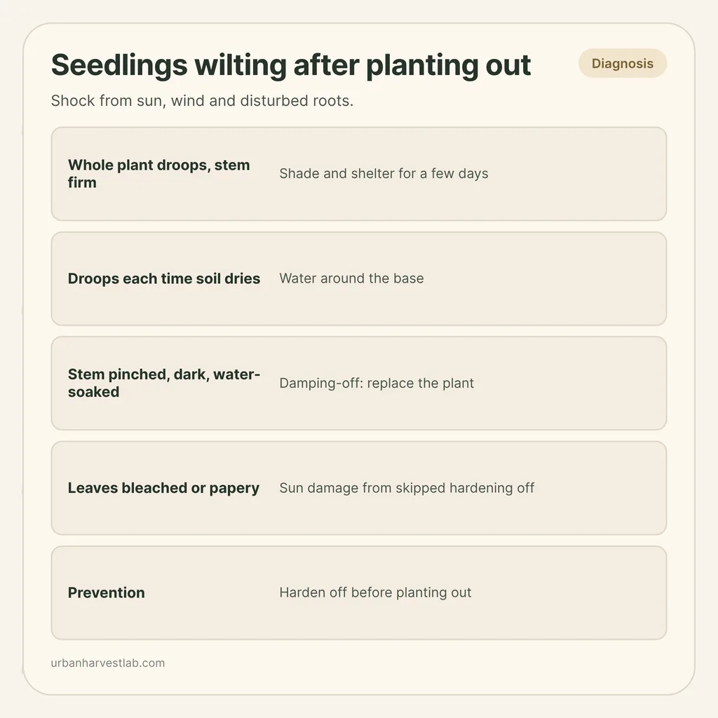 Infographic card: "Seedlings wilting after planting out" with rows for drooping, drying soil, damping-off, bleached leaves and prevention