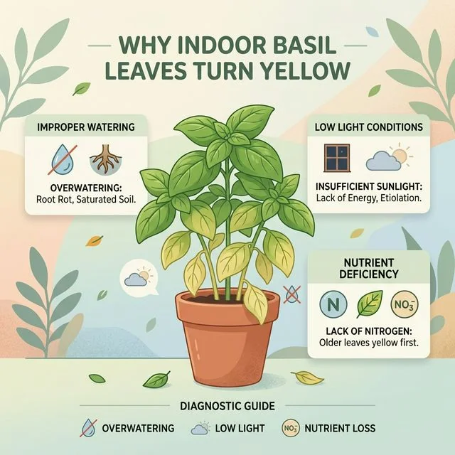 Diagnostic overview of common potted herb problems, including yellow basil leaves and weak indoor growth
