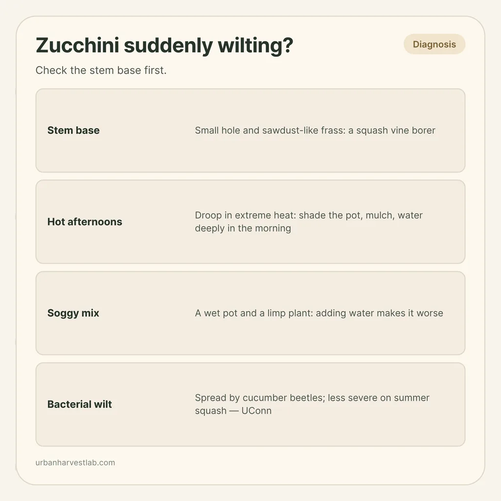 Infographic card: "Zucchini suddenly wilting?" with rows for stem base, hot afternoons, soggy mix and bacterial wilt