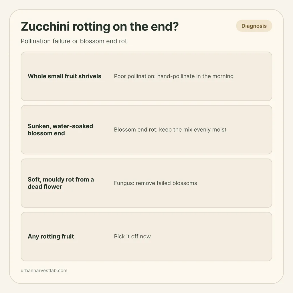 Infographic card: "Zucchini rotting on the end?" with rows for pollination failure, blossom end rot, fungus and picking rotting fruit