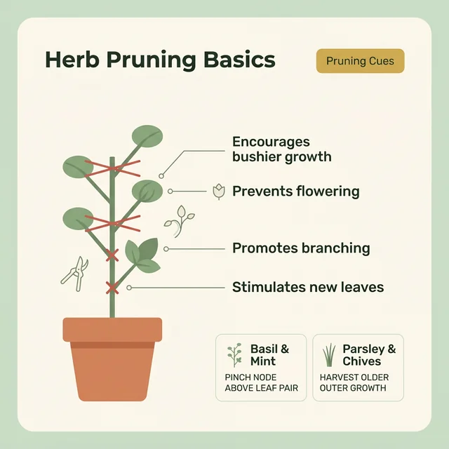 Educational pruning diagram showing pinch points and harvest approach for basil, mint, parsley, and chives