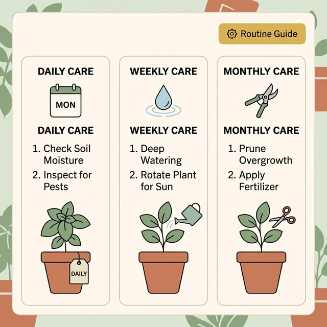 Educational overview showing a simple routine for watering, feeding, and pruning potted herbs