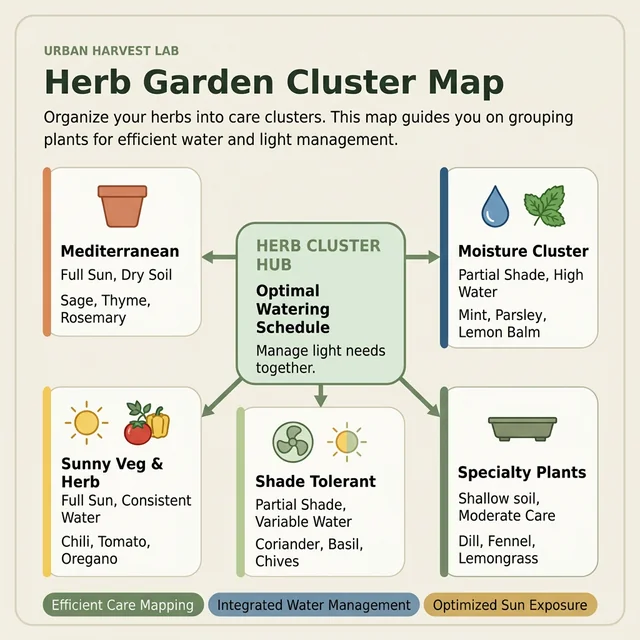 Cluster map showing how the small-space herb gardening hub connects to the five cornerstone guides