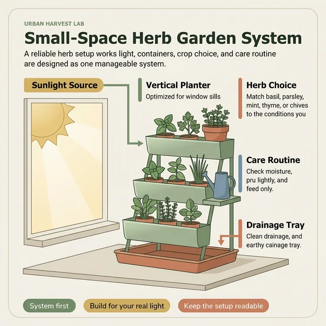 Educational diagram showing the core parts of a small-space herb gardening system for apartments and balconies