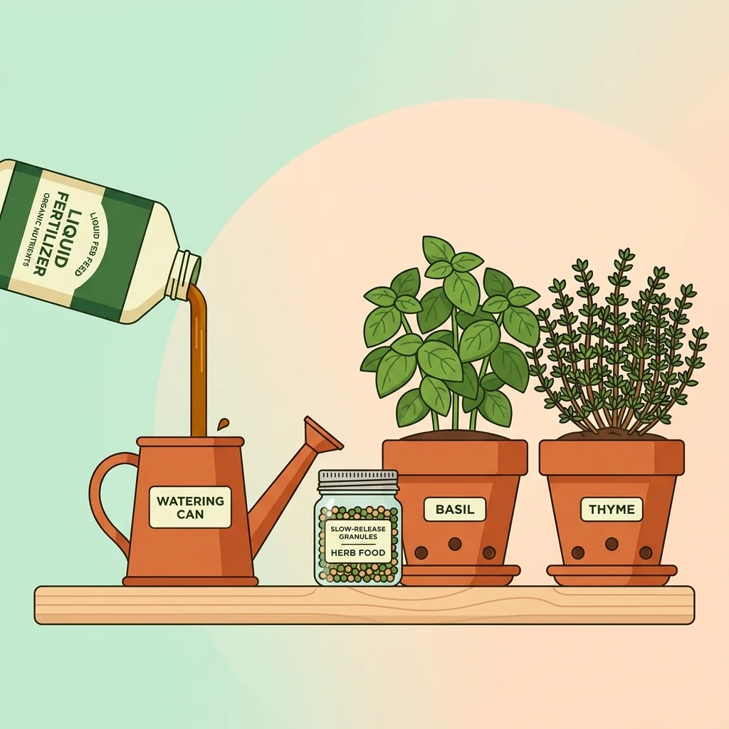 A liquid herb fertilizer and a jar of slow-release granules beside potted basil and thyme