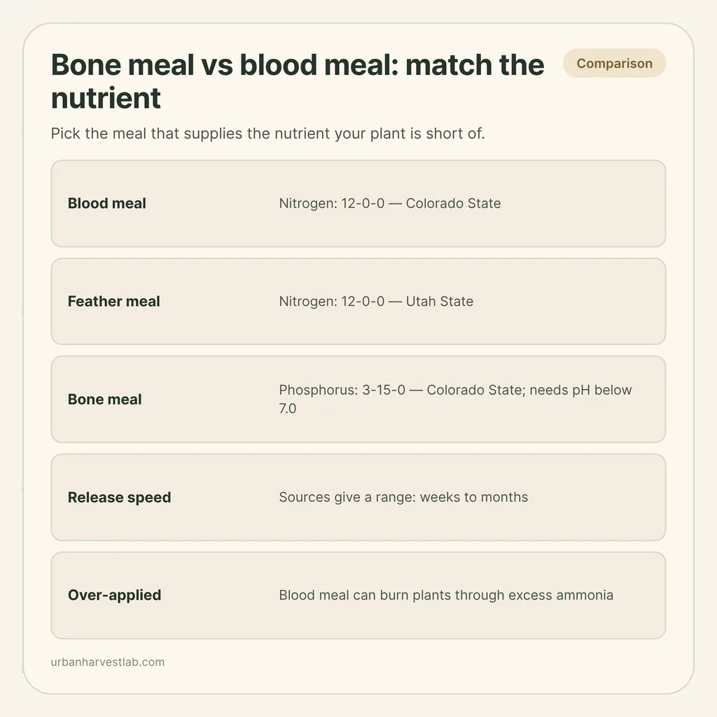 Infographic card: "Bone meal vs blood meal: match the nutrient" with rows for blood, feather and bone meal, release speed and over-application