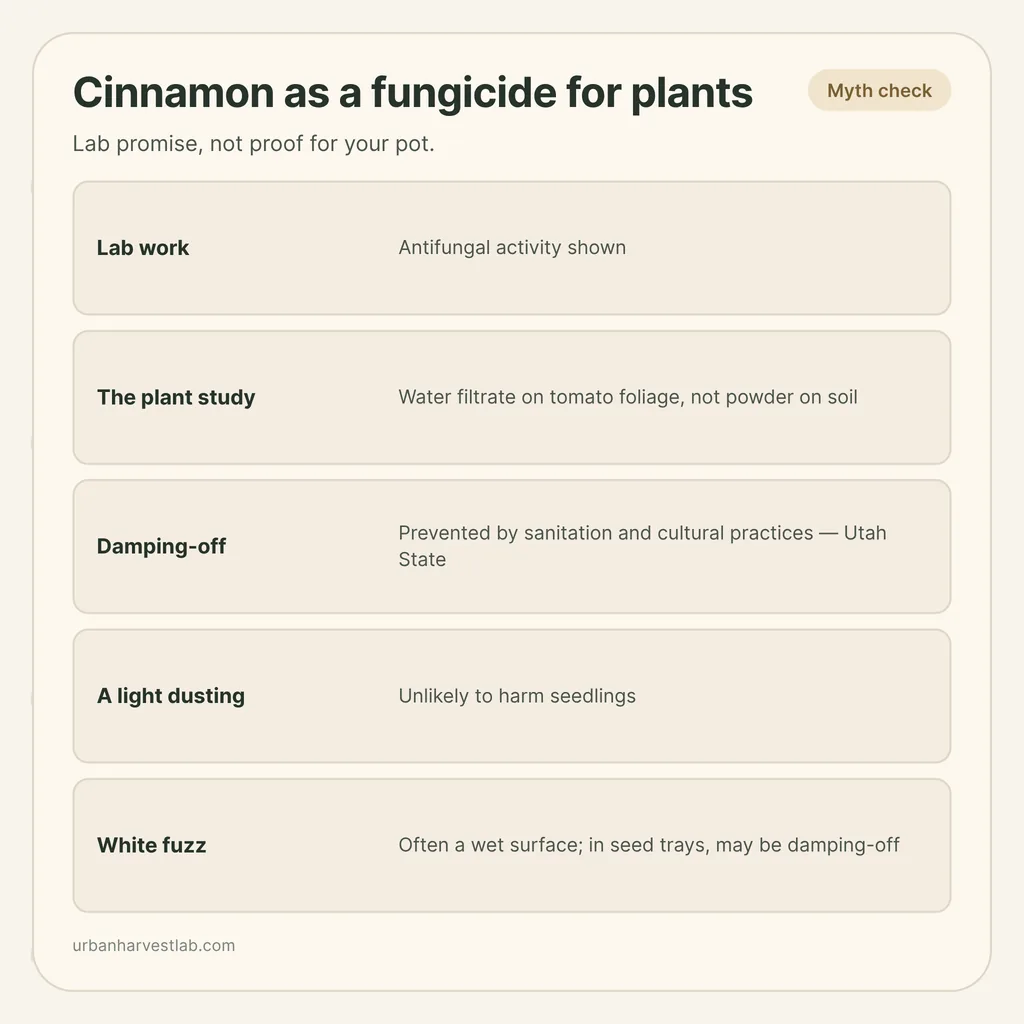 Infographic card: "Cinnamon as a fungicide for plants" with rows for lab work, the plant study, damping-off, dusting and white fuzz