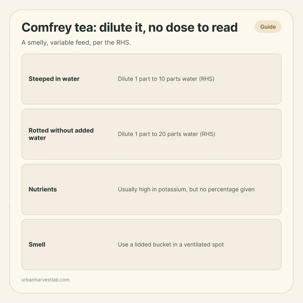 Infographic card: "Comfrey tea: dilute it, no dose to read" with rows for dilution, nutrients and smell
