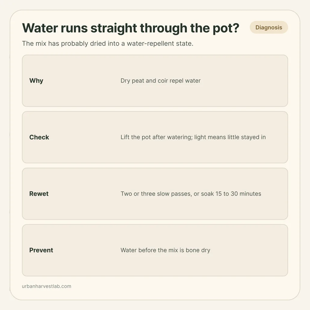 Infographic card: "Water runs straight through the pot?" with rows for cause, check, rewetting and prevention