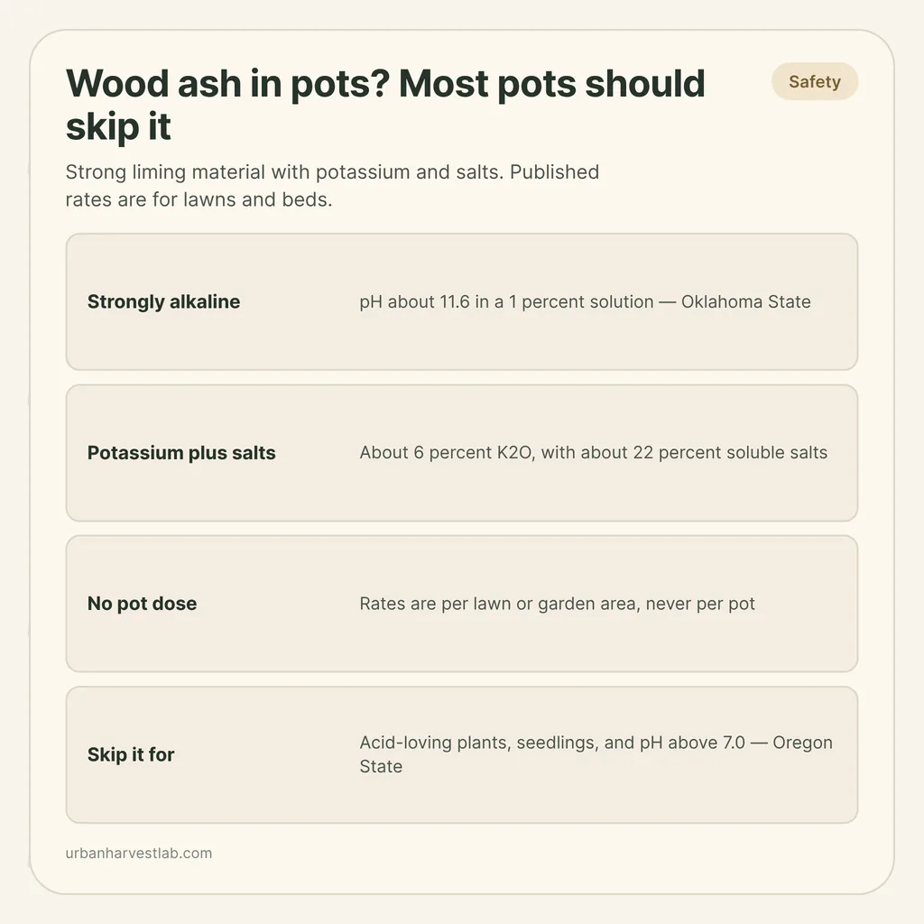 Infographic card: "Wood ash in pots? Most pots should skip it" with rows for alkalinity, potassium and salts, no pot dose, and who should skip it