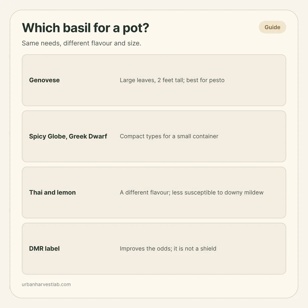 Infographic card: "Which basil for a pot?" with rows for Genovese, compact types, Thai and lemon, and the DMR label